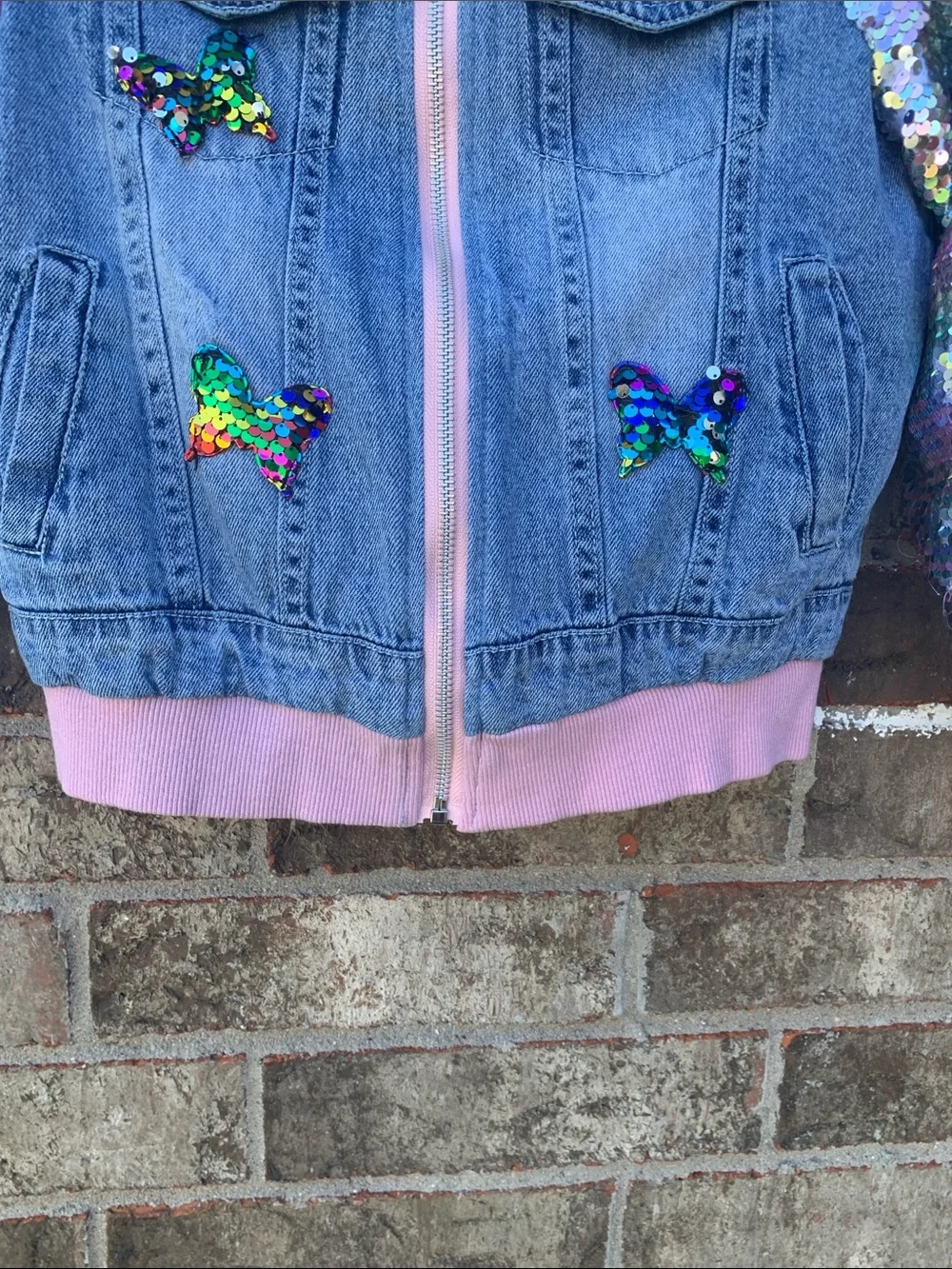 Take 50% OFF- Sequin-Sleeve Denim Bomber Jacket with Butterfly Accents, Sz-3XL